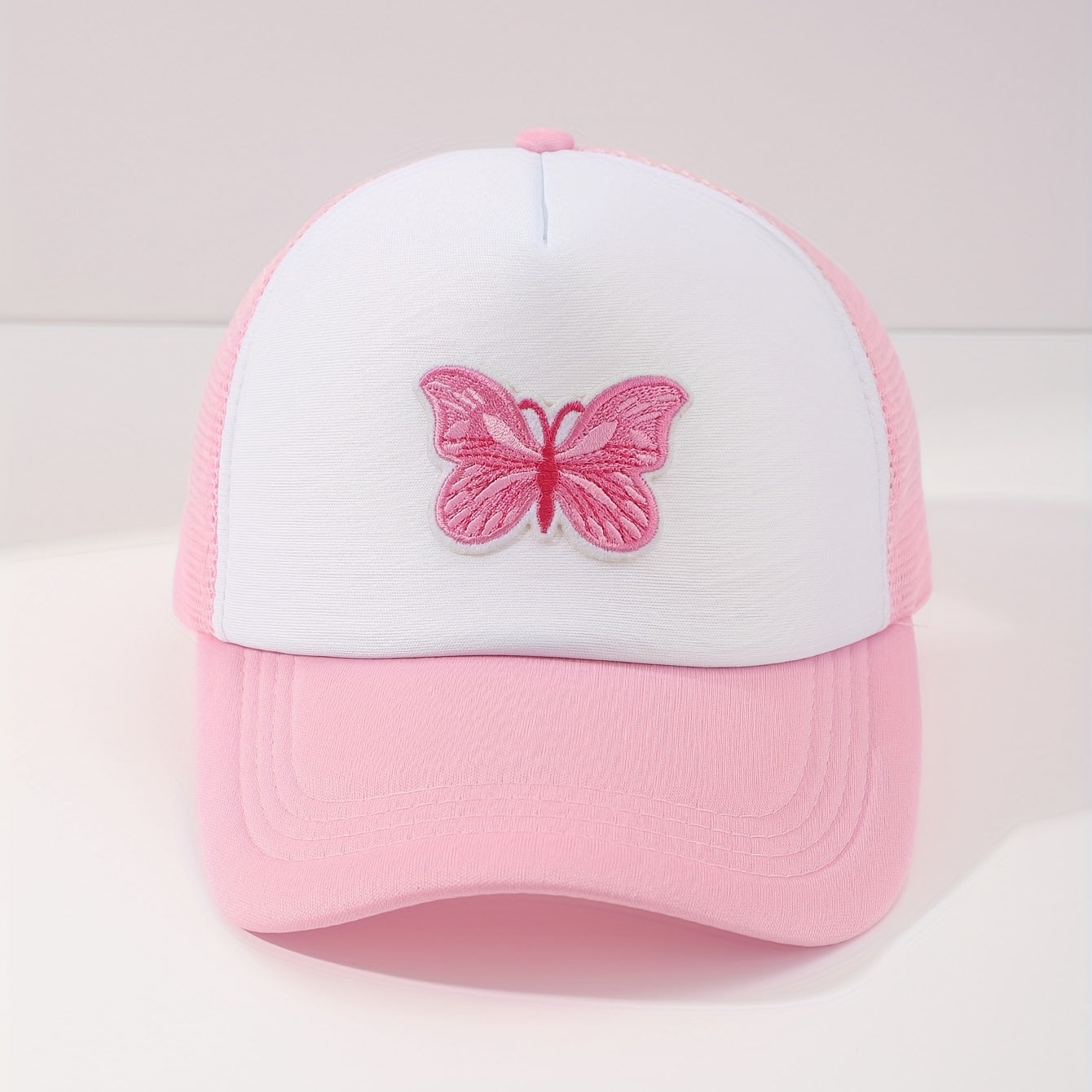 Butterfly Embroidery Pink Trucker Hat Cartoon Block Mesh Baseball Cap