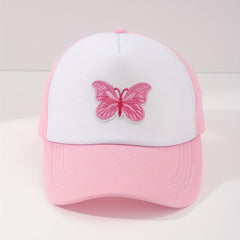 Butterfly Embroidery Pink Trucker Hat Cartoon Block Mesh Baseball Cap