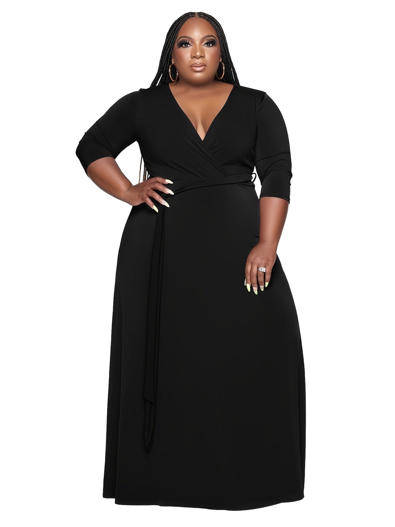  V Neck 3/4 Sleeve Maxi Dress With Belt Women's Plus Casual Long Dress