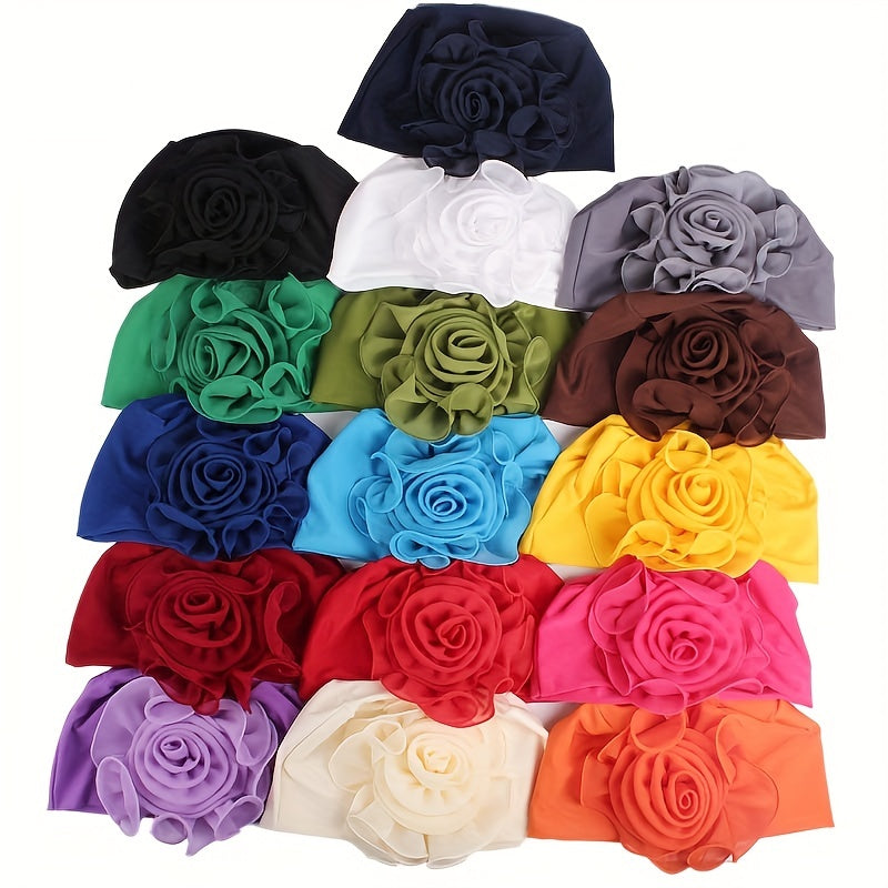 Lace Plate Flower Turban Cap Elastic Head Wrap Solid Bonnet Head Scarf Women