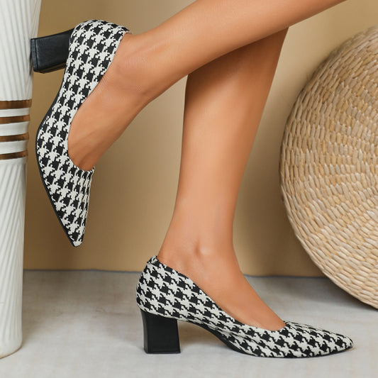 Women's Houndstooth Chunky High Heels Slip On Pumps