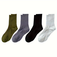 4 Pairs Solid Mid Tube Socks Breathable Women's Stockings