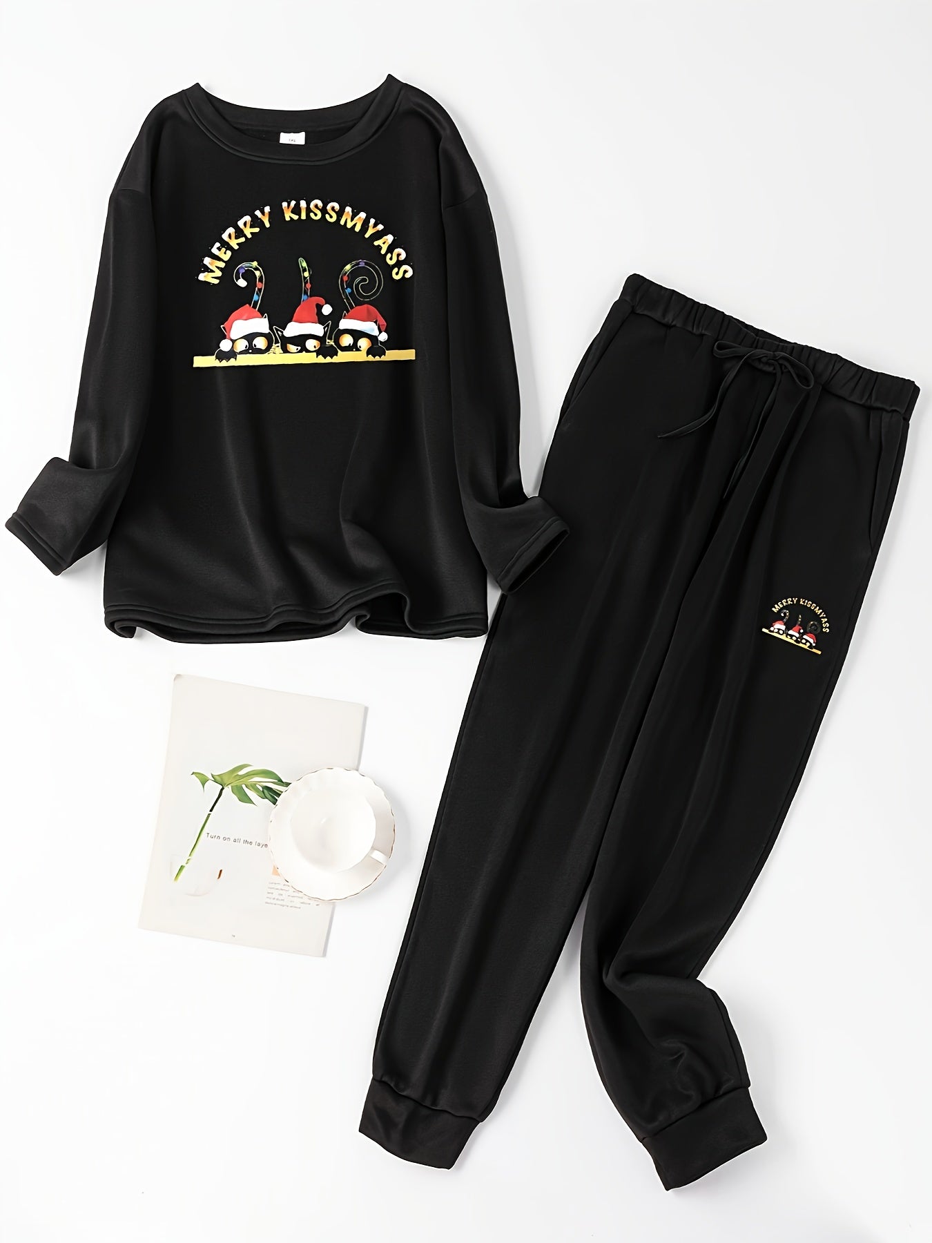  Christmas Loungewear Set Women's Plus Christmas Kitten Print