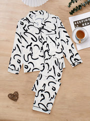 Striped Print Pajama Set Long Sleeve Button Top & Pants