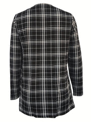 Plaid Print Open Front Jacket Crew Neck Long Sleeve Outerwear