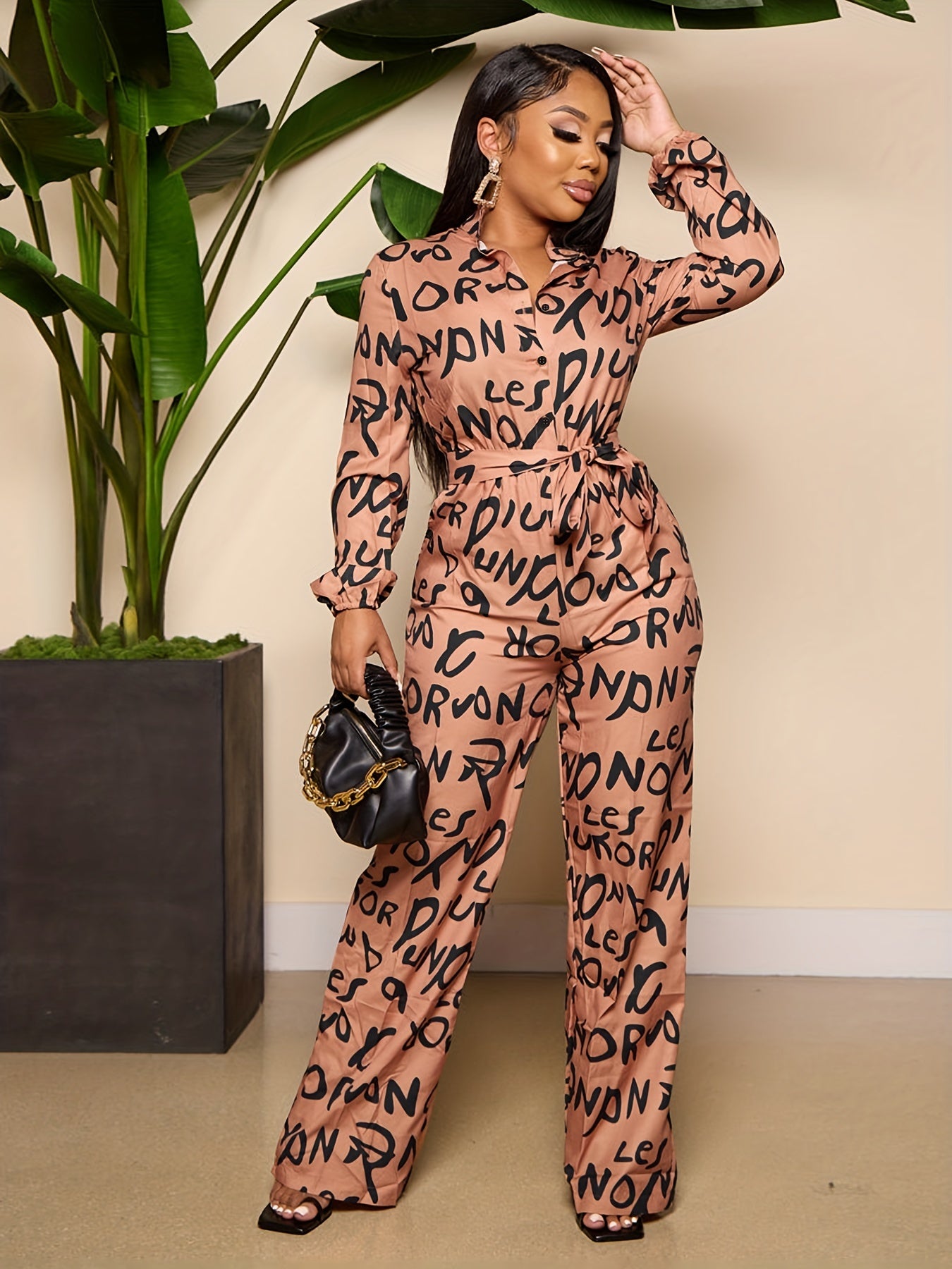 Wide Leg Jumpsuit Long Sleeve Belted Jumpsuit for Women