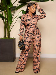 Wide Leg Jumpsuit Long Sleeve Belted Jumpsuit for Women
