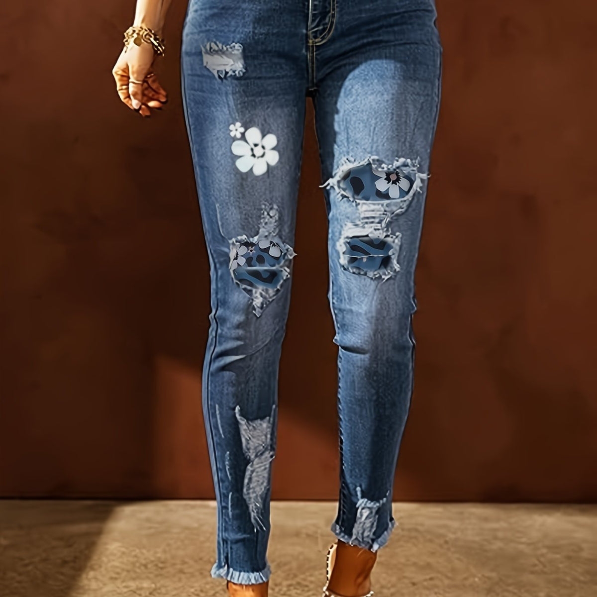  Colorblock Floral Print Ripped Button Fly Skinny Jeans