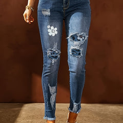  Colorblock Floral Print Ripped Button Fly Skinny Jeans
