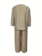 Solid Casual Two piece Set Crew Neck Button Front Tops & Wide Leg Cropped Pants