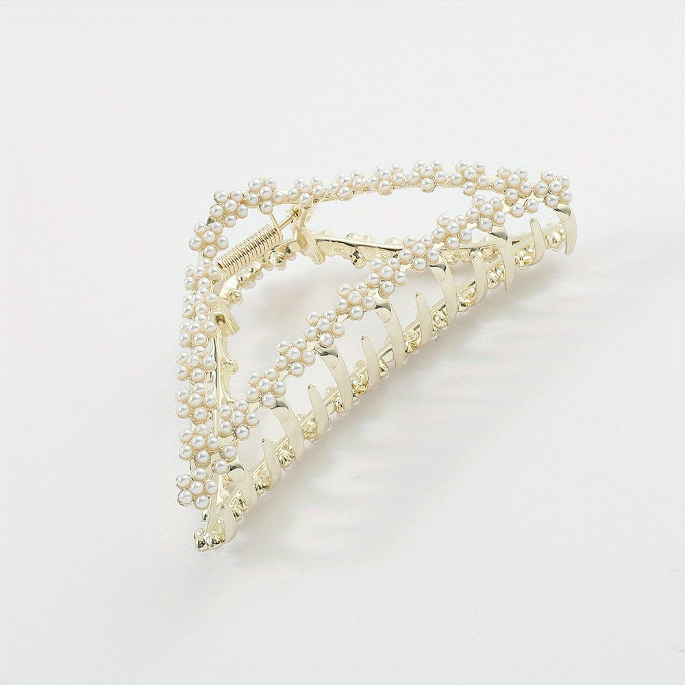 Triangle Shape Hair Claw Faux Pearl Rhinestone Ponytail Holder