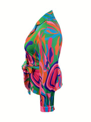  Abstract Print Lantern Sleeve Knot Dress
