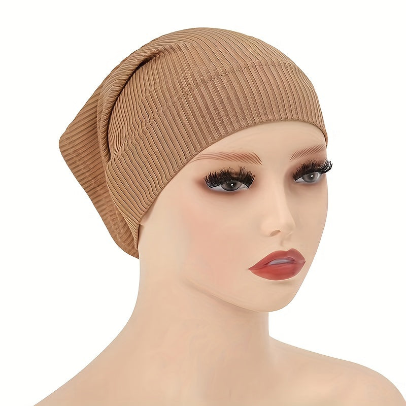 Solid Striped Turban Cap Hijab Soft Inner Cap Casual Underscarf