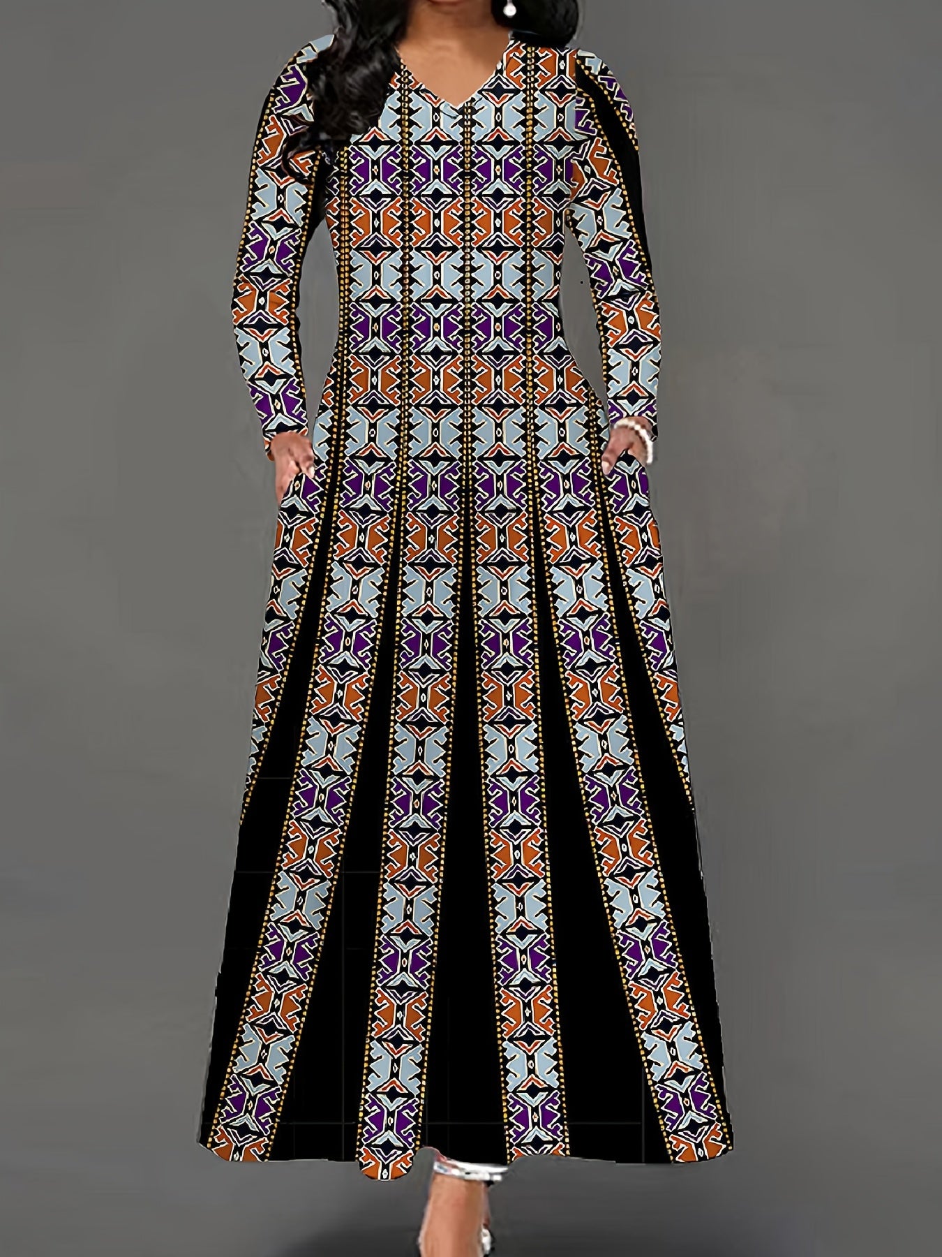  Graphic Print Maxi Dress V-Neck Long Sleeve With Pockets