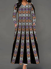  Graphic Print Maxi Dress V-Neck Long Sleeve With Pockets