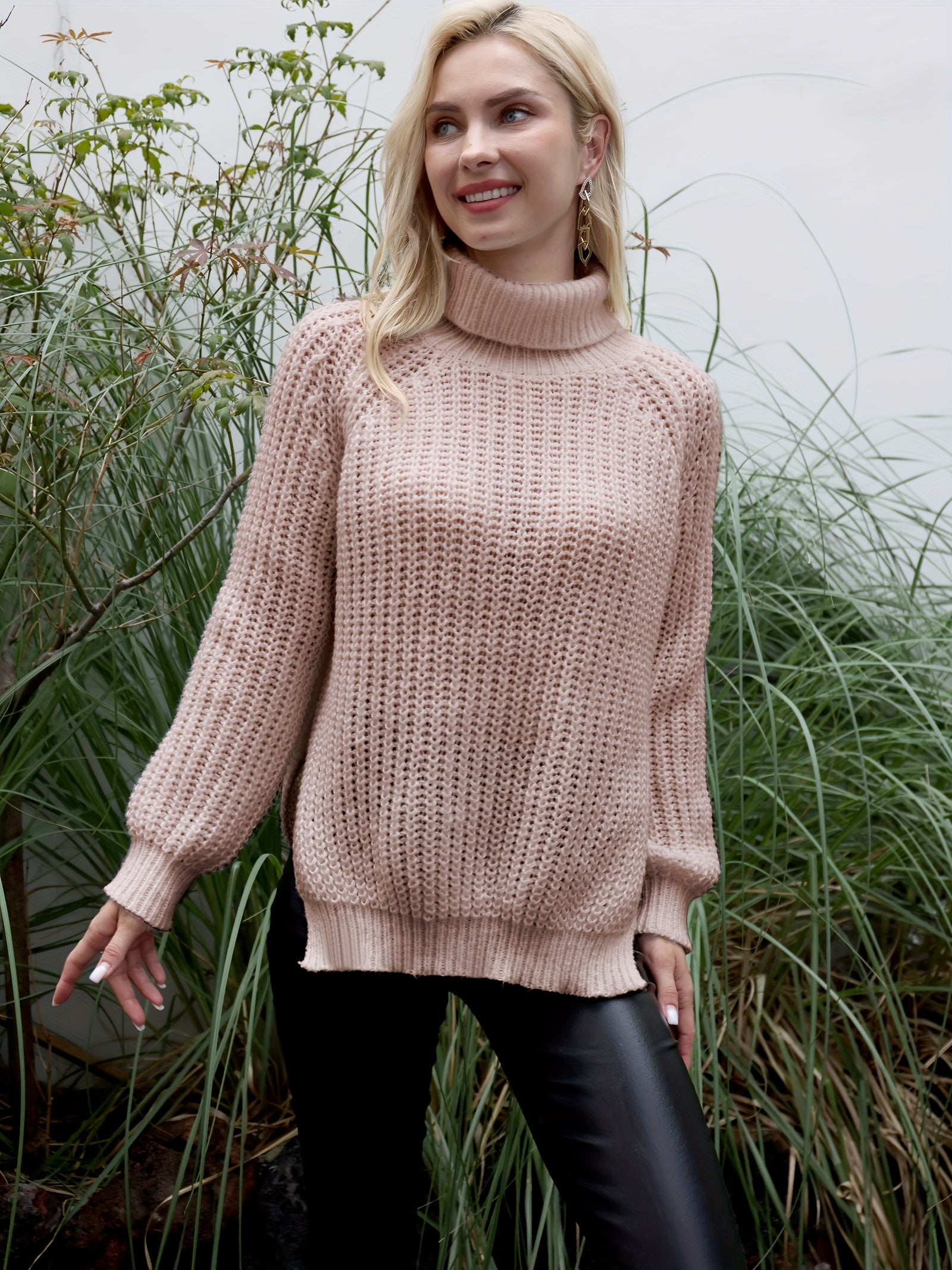 Oversized Turtleneck Sweater with Side Slit - Women's Clothing
