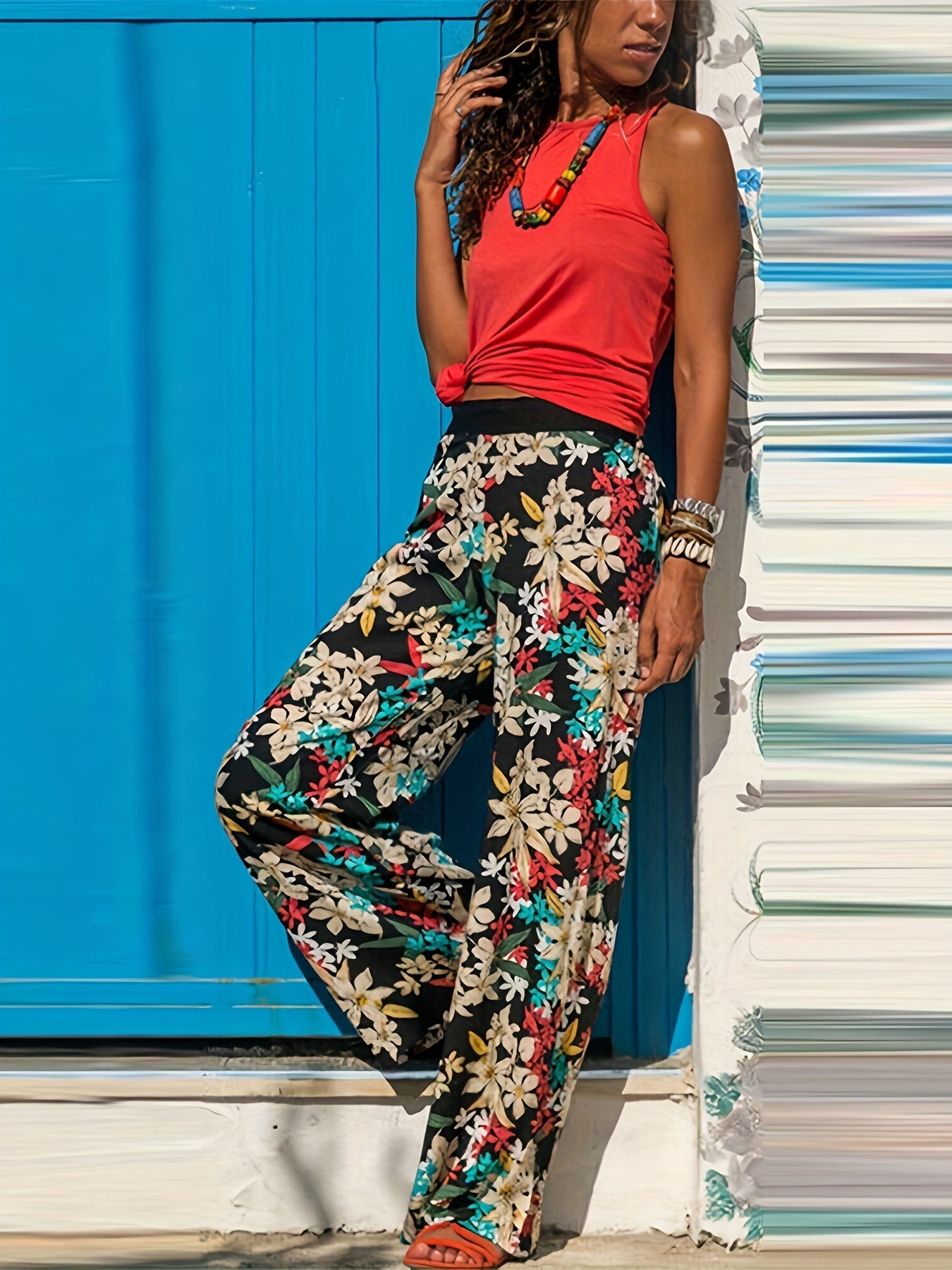 Boho Pants Women's Plus Damask Print High Rise