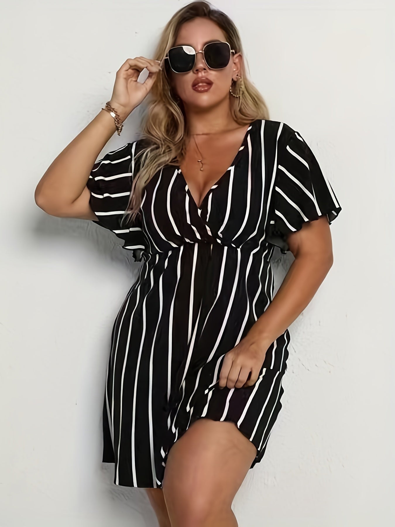  Pin Stripe Short Sleeve V Neck Mini Dress