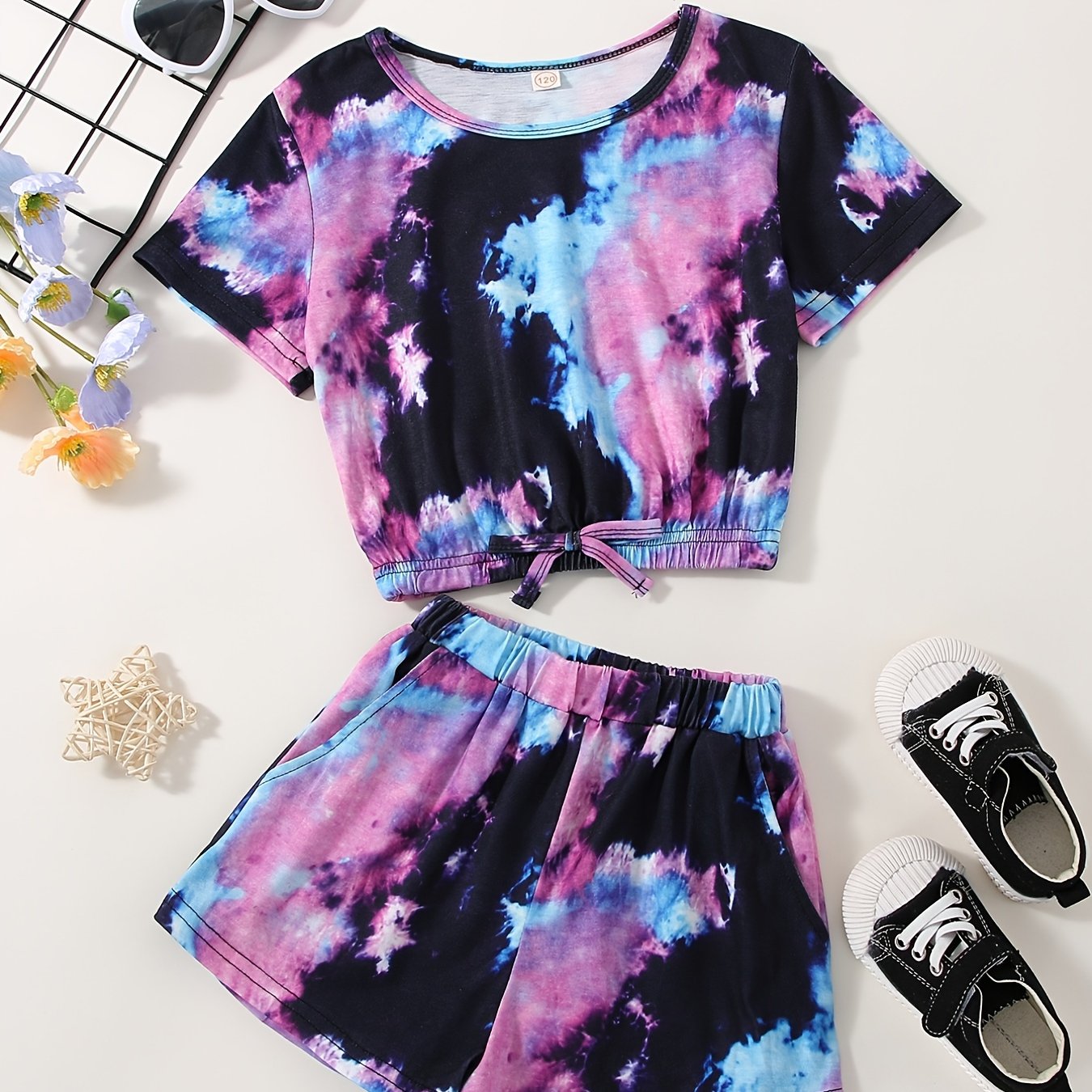 2pcs Toddler Girls Tie Dye Bow T Shirts & Shorts Set Kids Summer Clothes