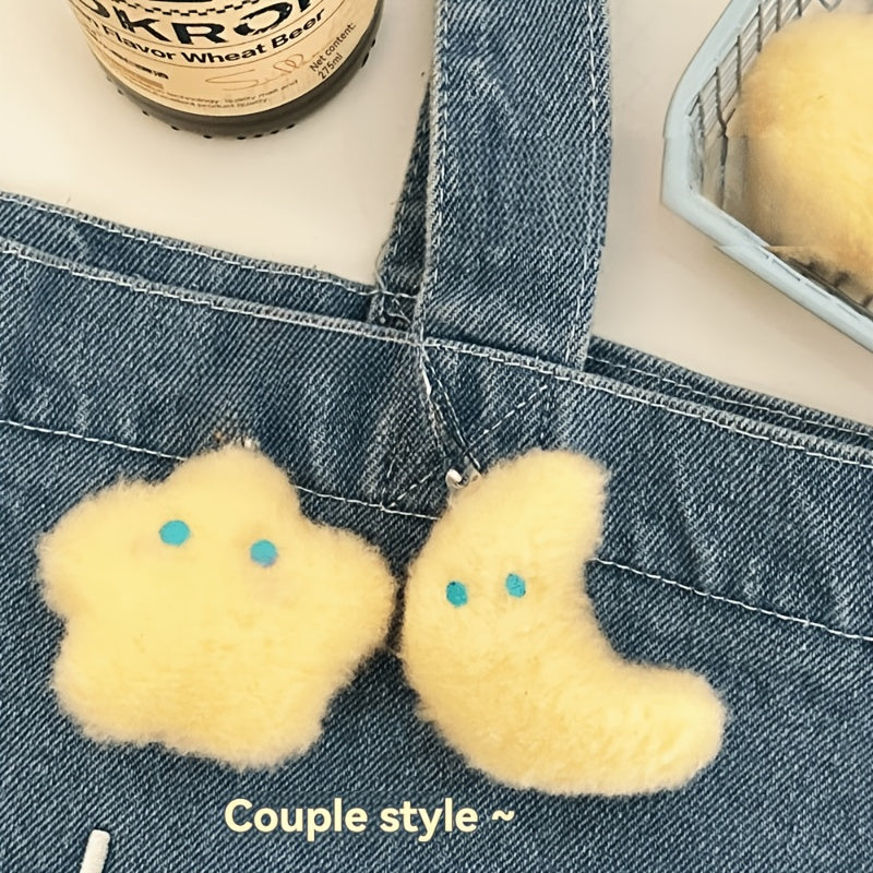 2pcs Fluffy Star & Moon Plush Keychain for Backpacks & Keys - Yellow