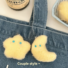 2pcs Fluffy Star & Moon Plush Keychain for Backpacks & Keys - Yellow