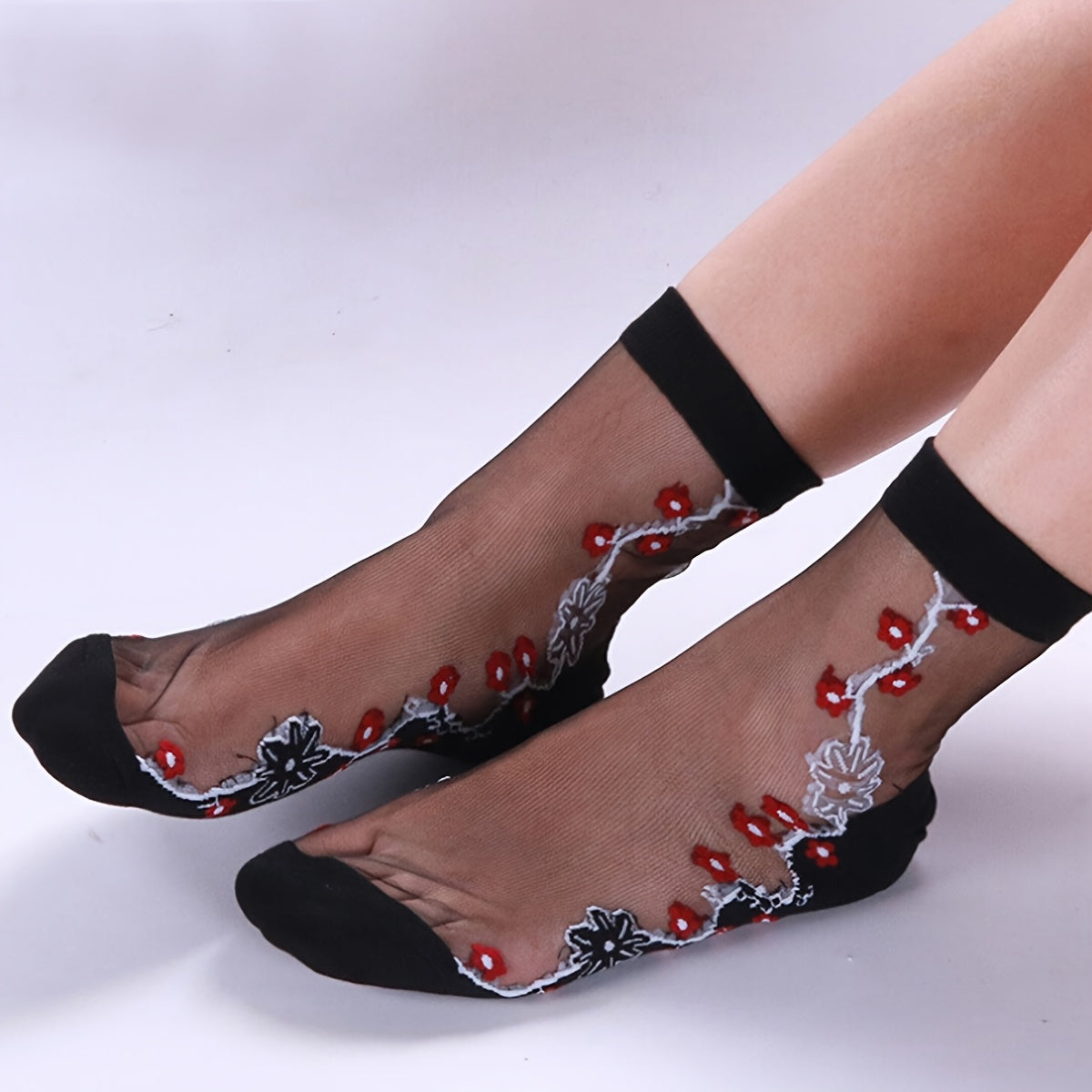 Floral Lace Fishnet Ankle Socks Semi Sheer Women's Socks