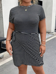  Casual Stripe Print Short Sleeve Wrap Bodycon Dress