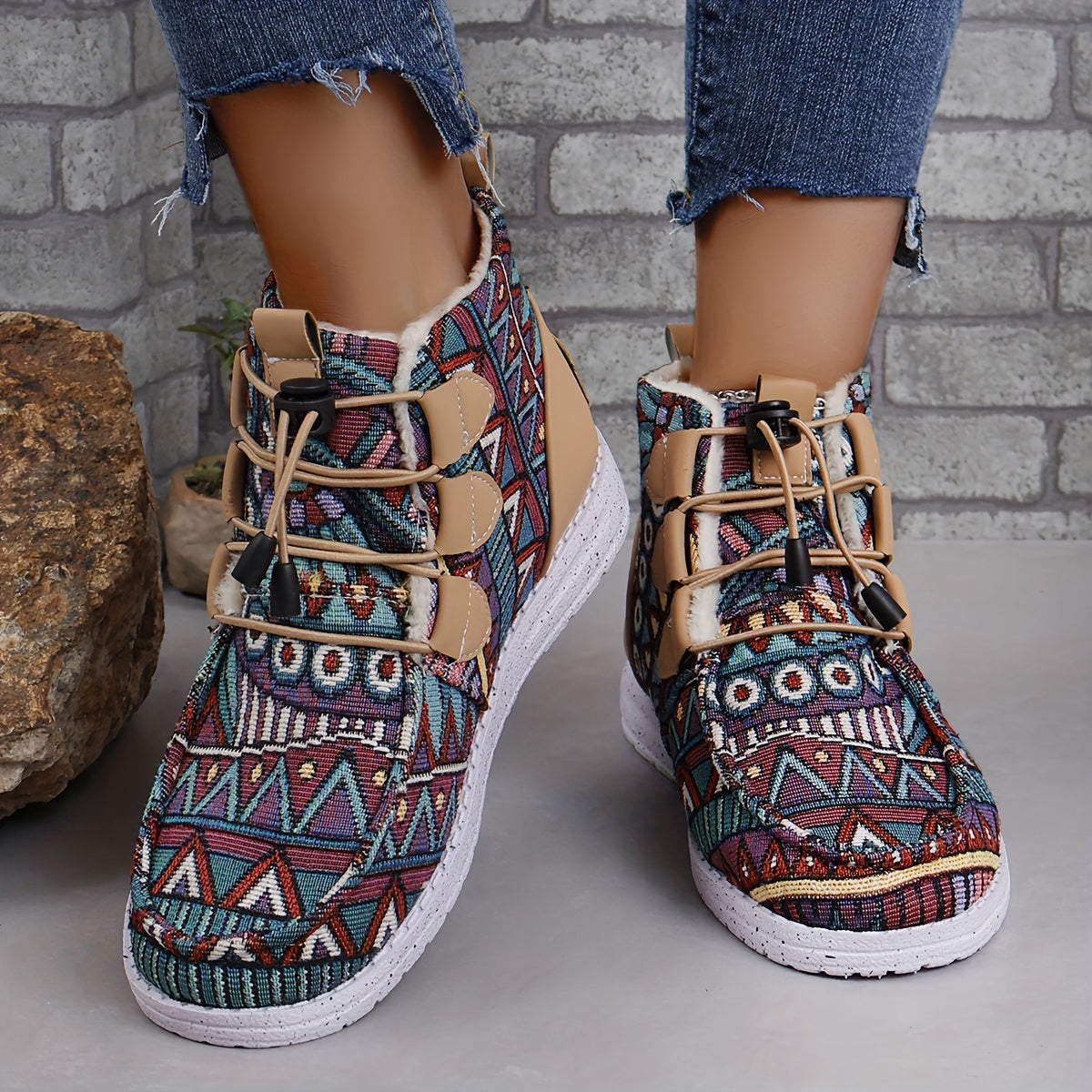 Retro Floral Pattern Round Toe Thickened Warm Autumn And Winter Boots