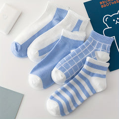 5 Pairs Soft & Lightweight Plaid & Striped Ankle Socks Women's Stockings