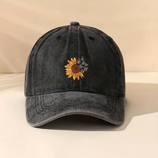 Butterfly & Sunflower Print Baseball Cap Washed Distressed Vintage Hat