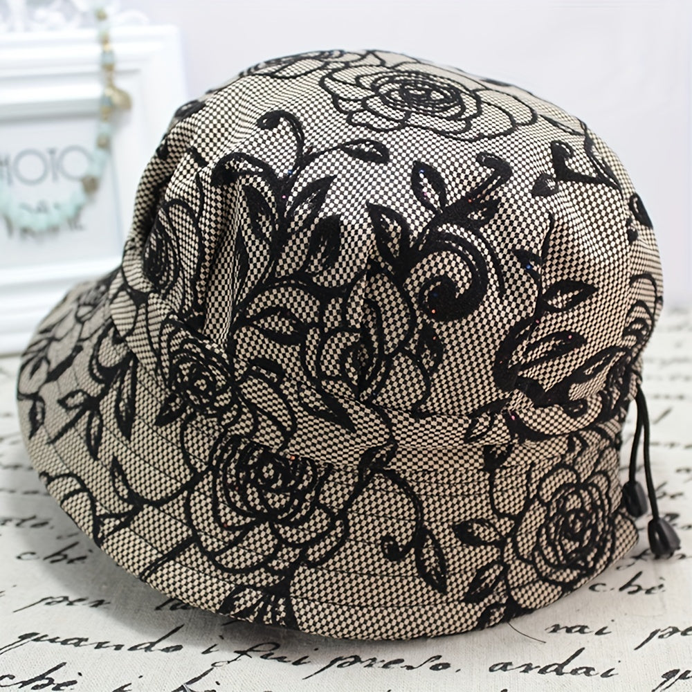 Vintage Rose Embroidery Bucket Hat Solid Short Brim Basin Hat UV Protection
