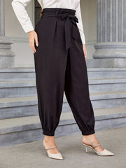  Solid High Rise Jogger Trousers With Belt