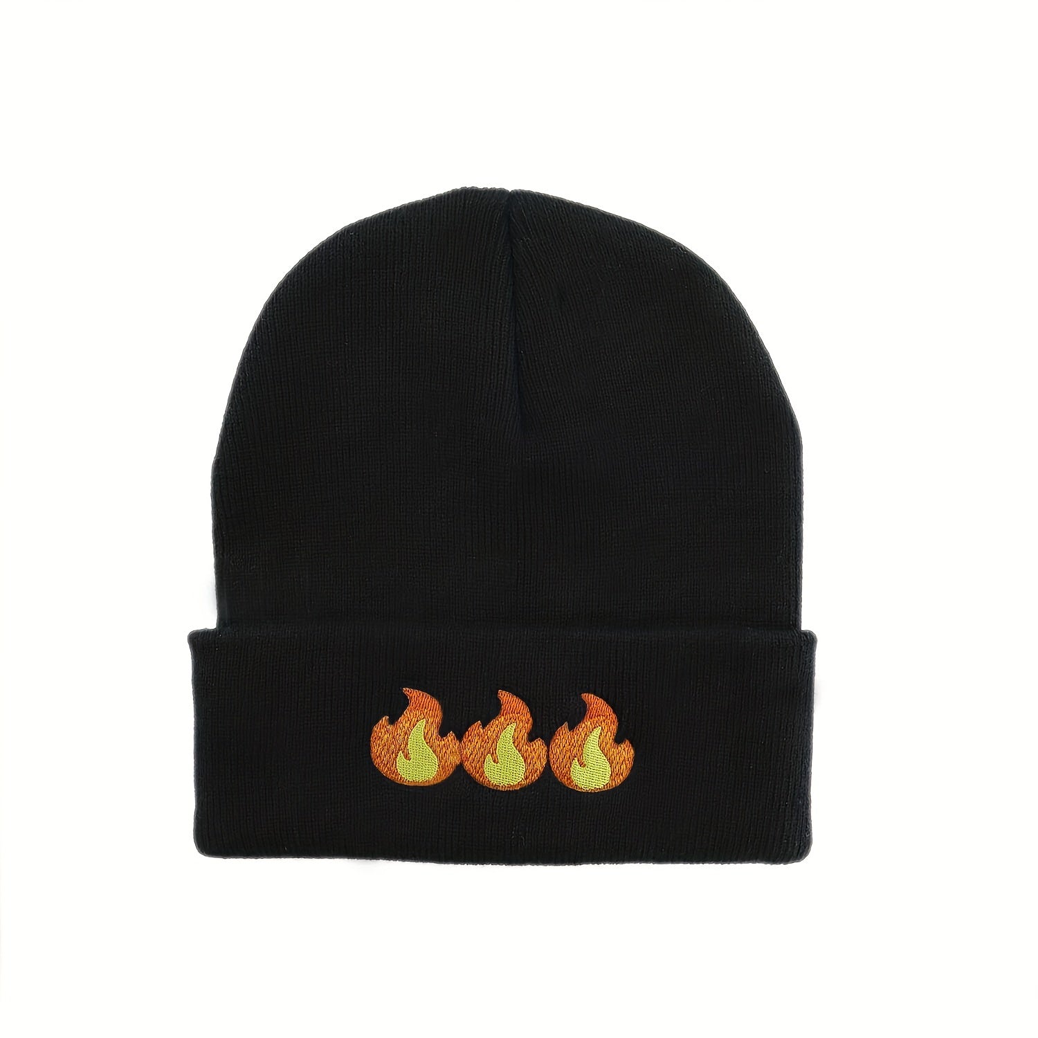 Flame Embroidered Beanie Hip Hop Knitted Warm Skull Cap