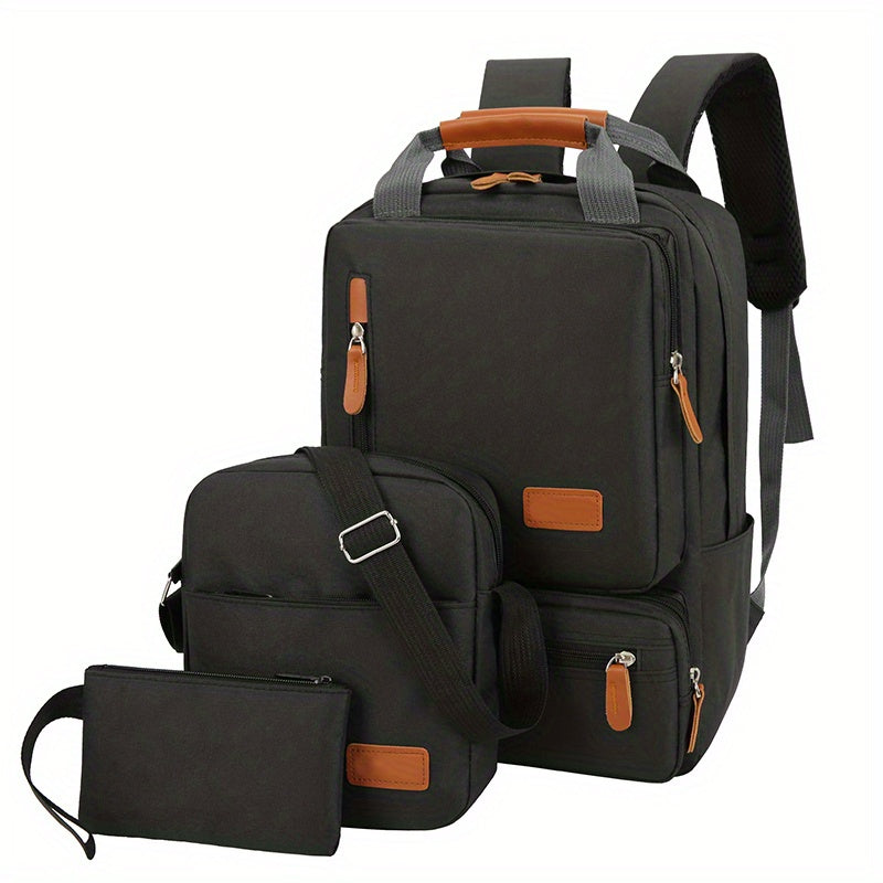3Pcs Laptop Backpack Set Casual Top Handle Schoolbag With Crossbody Bag