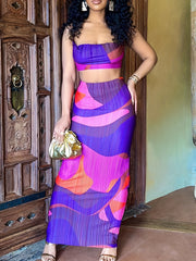 Abstract Print Two piece Set Sleeveless Cropped Cami Top & High Waist Maxi Skirt