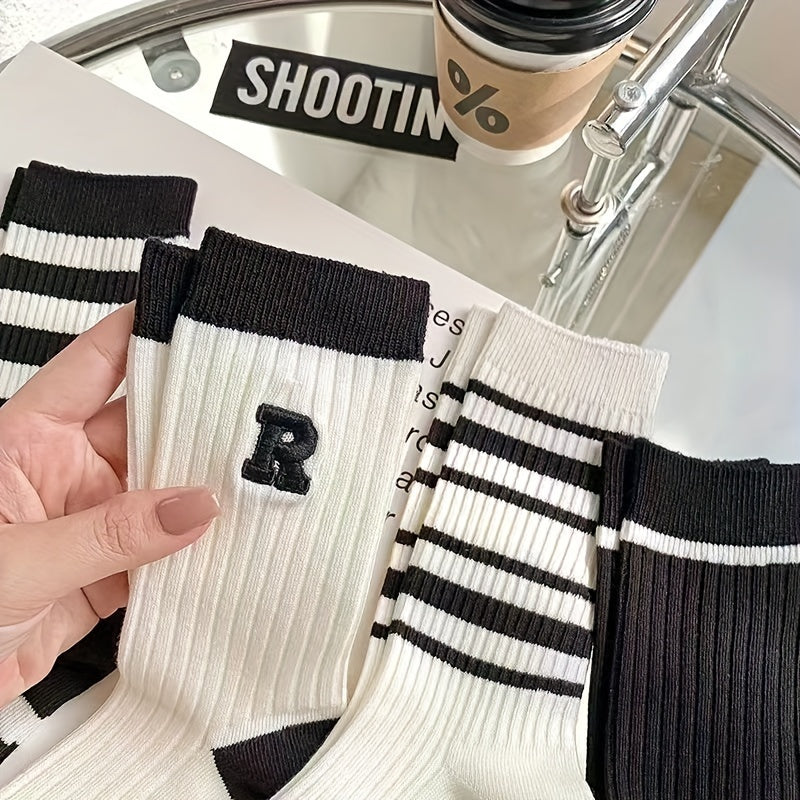 3 Pairs Striped Crew Socks Mid Tube Women's Stockings