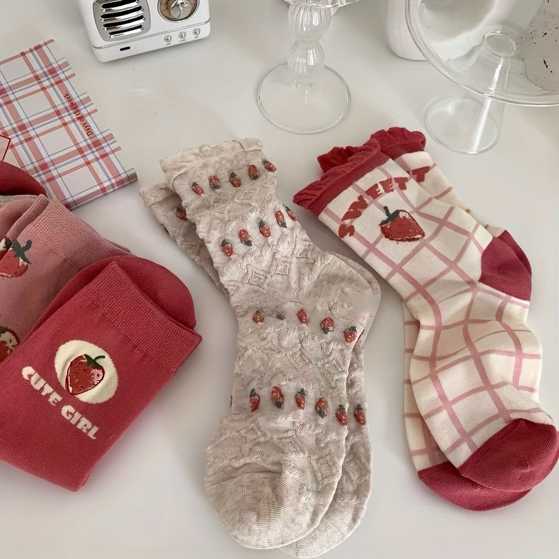 5 Pairs Strawberry Print Socks Sweet & Mid Tube Socks Women's Stockings