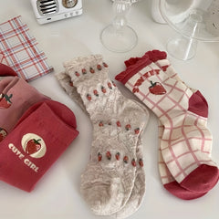 5 Pairs Strawberry Print Socks Sweet & Mid Tube Socks Women's Stockings