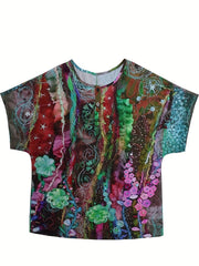  Floral Print Button Crew Neck Short Sleeve Blouse
