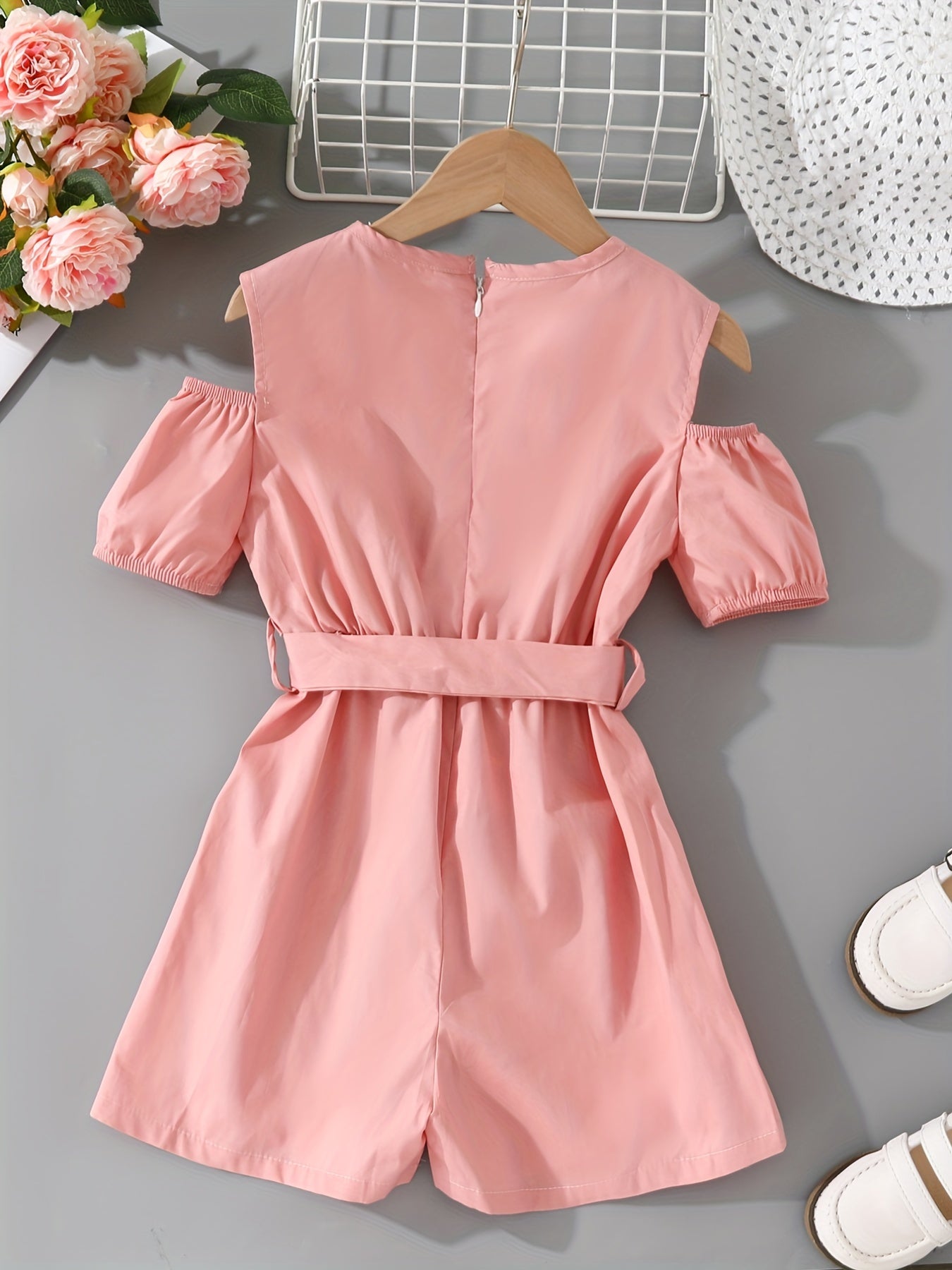 Toddler Girls Cold Shoulder Flowers Embroidered Romper Jumpsuits