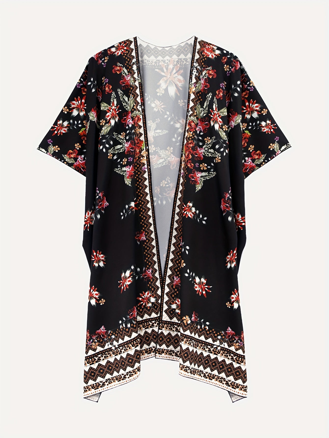  Border Floral Print Batwing Sleeve Beach Cover Up