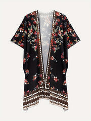  Border Floral Print Batwing Sleeve Beach Cover Up