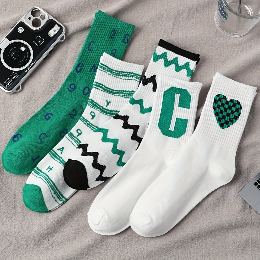 5 Pairs Letter & Heart Print Socks Mid Tube Women's Stockings