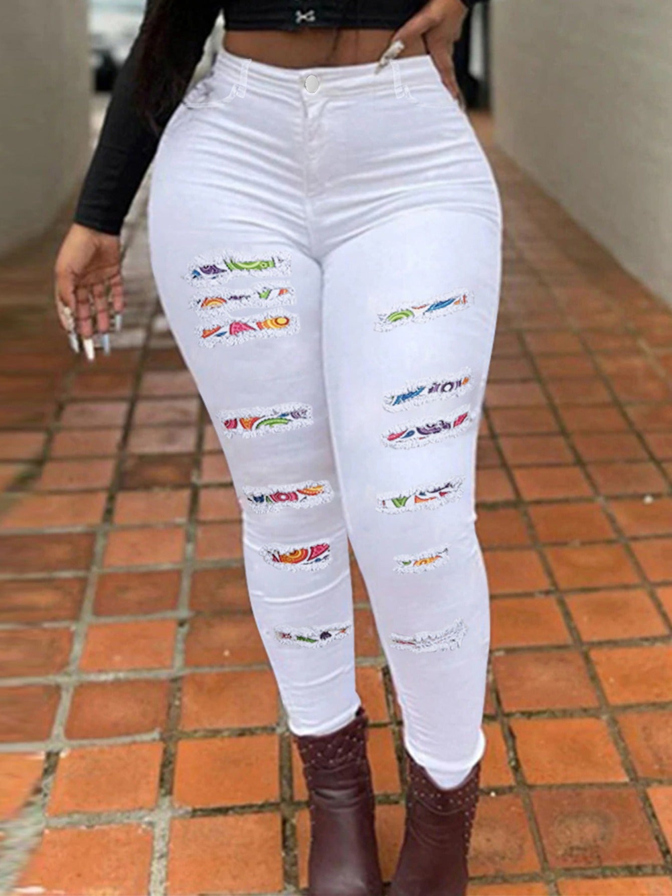 Colorful Patchwork Skinny Jeans High Rise Paisley Distressed Pencil Jeans