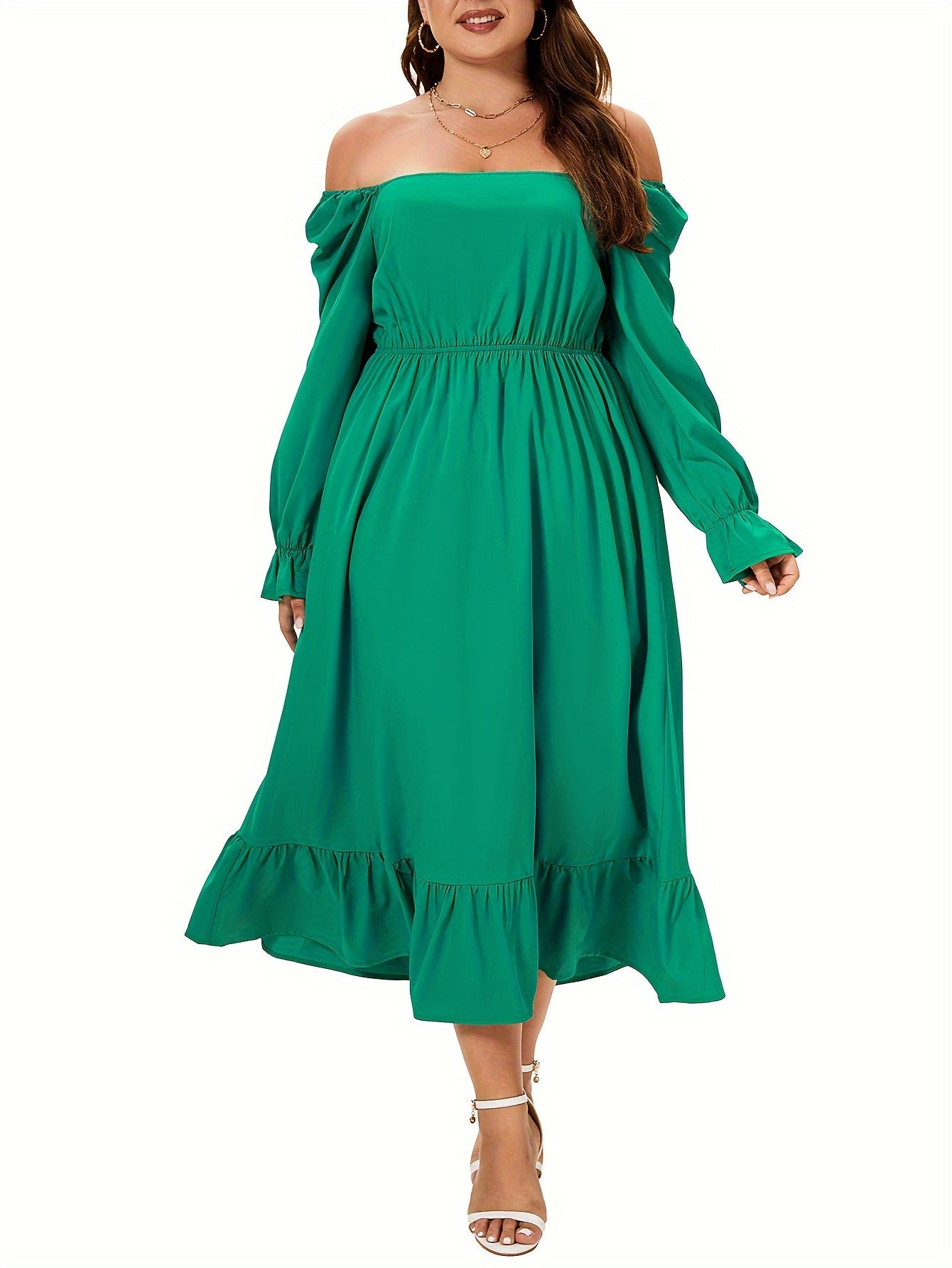  Solid Flounce Sleeve Square Neck Smock Dress