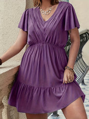  Solid V Neck Mini Smock Dress
