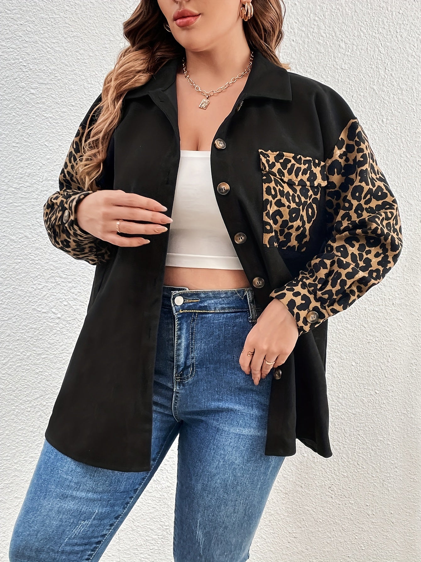  Colorblock Leopard Print Long Sleeve Blouse