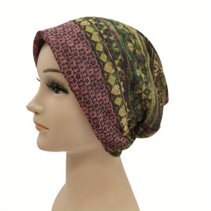 Boho Geometric Print Beanie Cap Vintage Skull Hat Lightweight Neck Gaiter