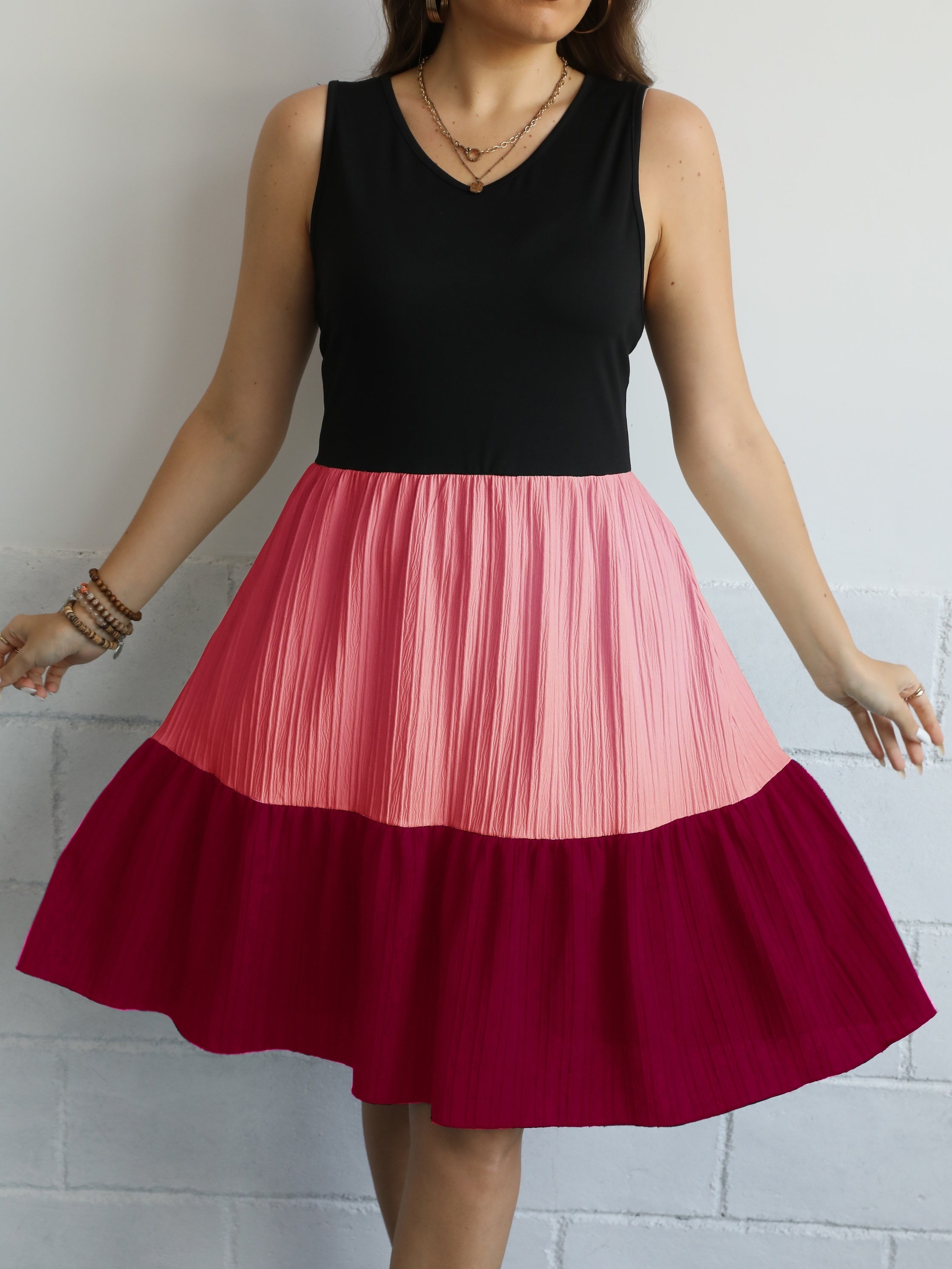  Casual Tank Dress Women's Plus Colorblock V Neck Slight Stretch Smock