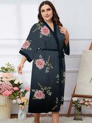  Ombre & Floral Print Long Sleeve Sleepwear Robe
